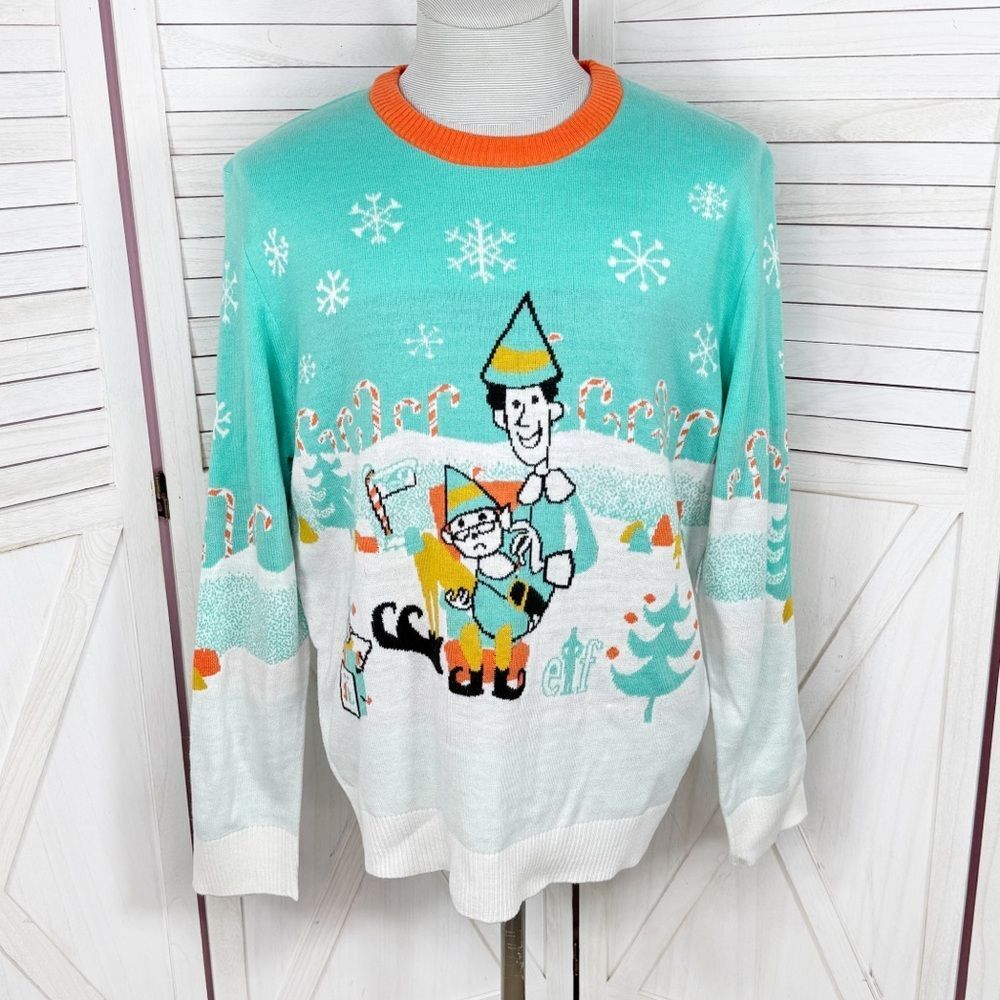 Bioworld Elf The Movie Ugly Christmas Sweater Teal White Mens Large‎